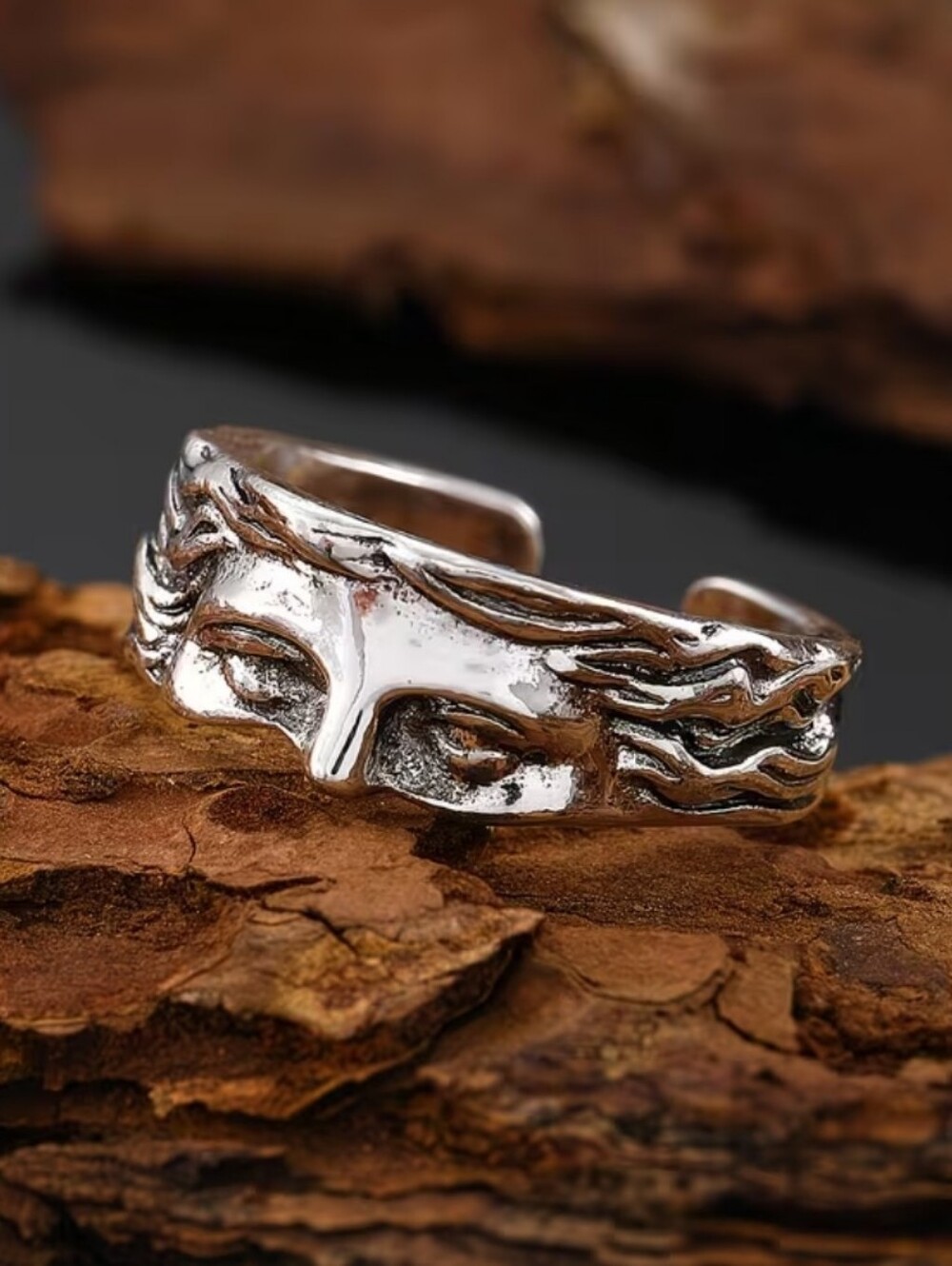 Unique Vintage Style Silver Tone Hapf Face Adjustable Ring